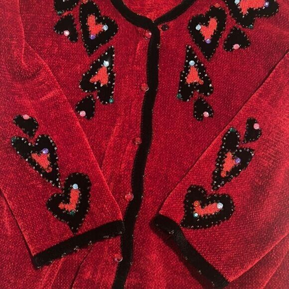 That Sweater Red Beaded with Hearts Button Up Sweater Cardigan Size M - Picture 9 of 16